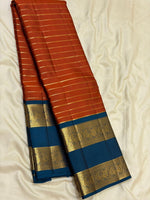 Load image into Gallery viewer, Classic Burnt Orange &amp; Azure Blue 2gm Zari Vaira Oosi Beldari Vintage Elegance Kanchipuram Handloom Silk Saree SS26987
