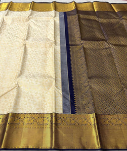 Classic Butter Cream & Navy Blue 2gm Zari Bridal Elegance Kanchipuram Handloom Silk Saree SS24132