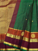 Load image into Gallery viewer, Classic Deep Green &amp; Plum Oosi Checks 2gm Zari Elegance Kanchipuram Handloom Silk Saree SS27200
