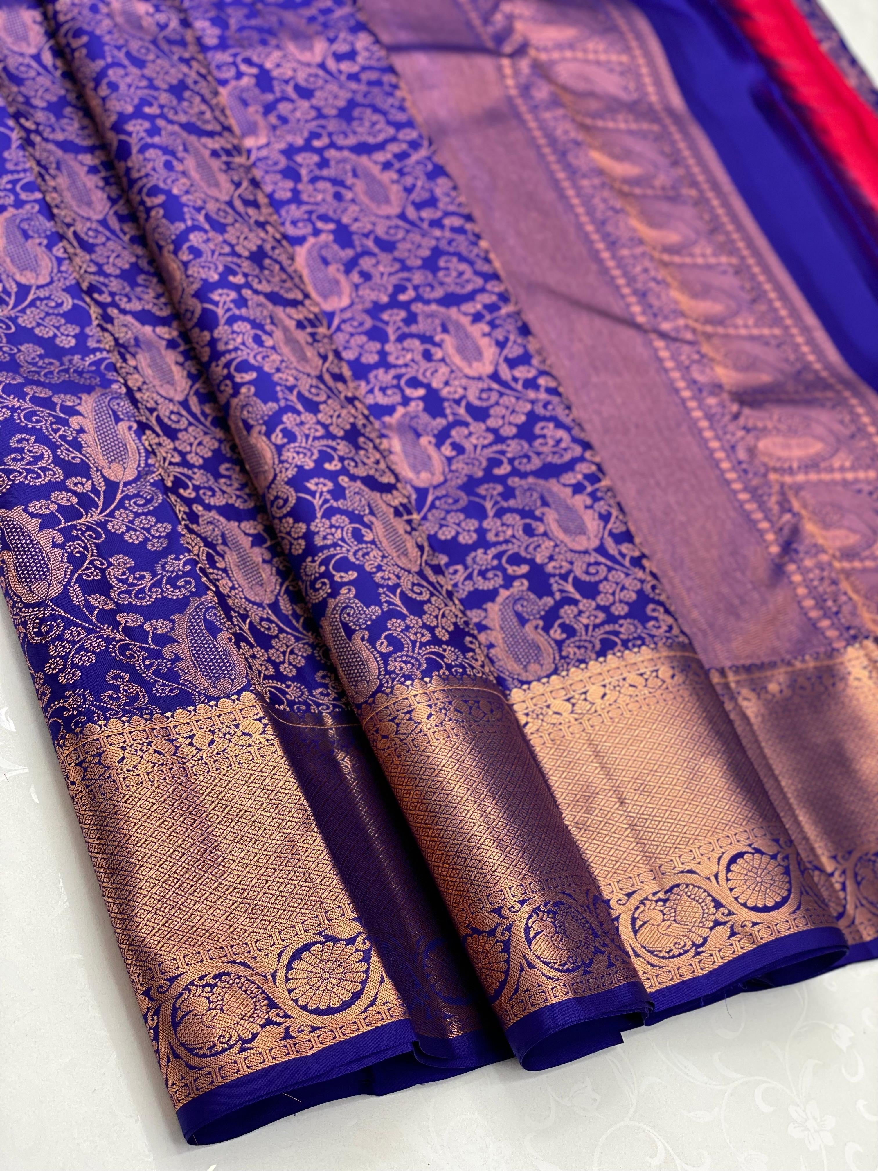 Classic Royal Blue & Rose Pink 2gm Zari Kanchipuram Handloom Silk Saree SS26607