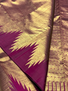 Classic Gold & Wine Red Temple 2gm Zari Kanchipuram Handloom Silk Saree SS25980