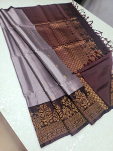 Classic Silver Grey & Cocoa Elegance Handloom Soft Silk Saree SS25311