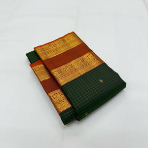 Classic Bottle Green & Mustard 1gm Zari Vaira Oosi Checks Elegance Kanchipuram Handloom Silk Saree SS24736