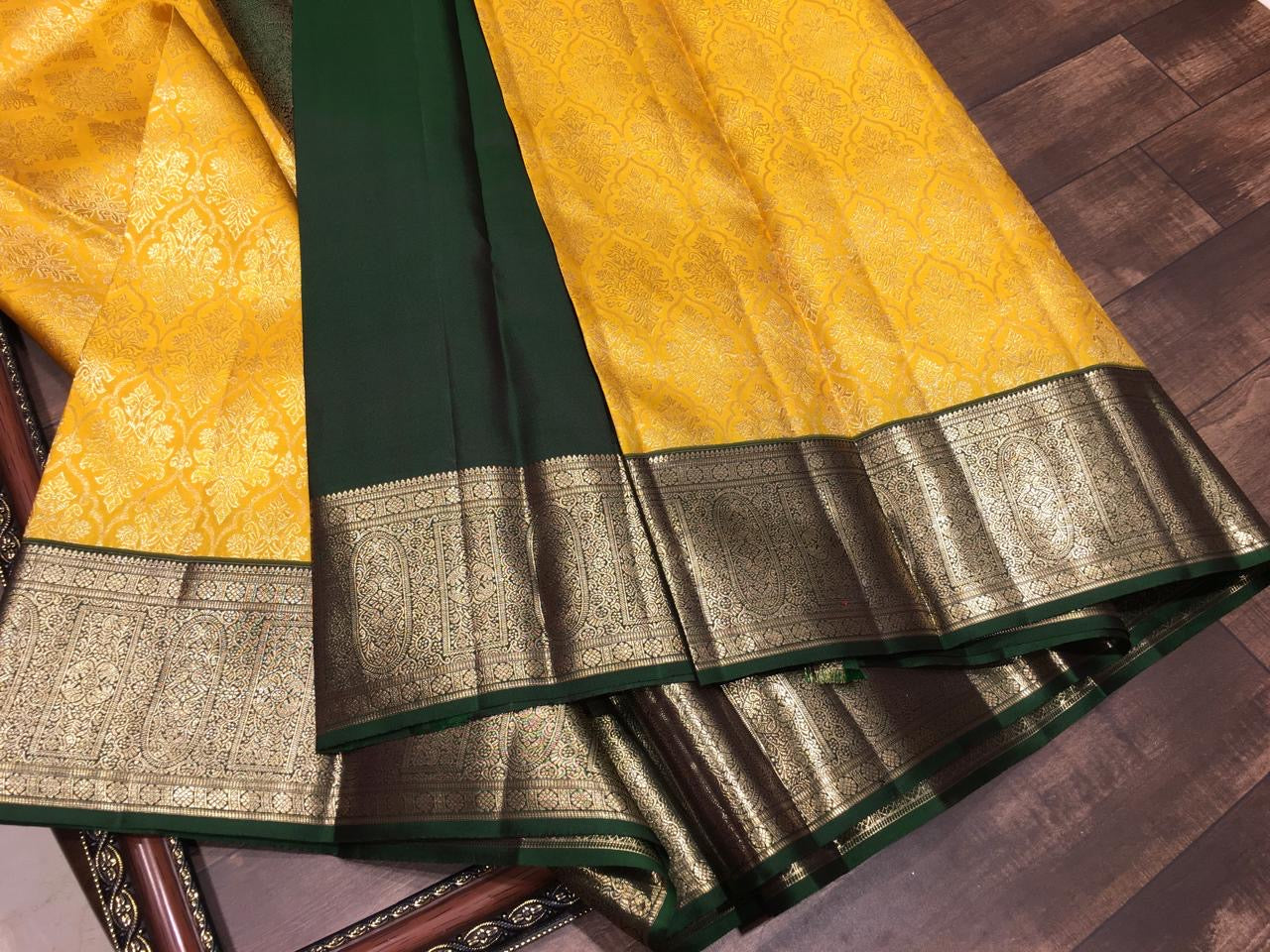 Classic Sunny Yellow & Bottle Green Bridal Elegance Kanchipuram Handloom Silk Saree SS26696