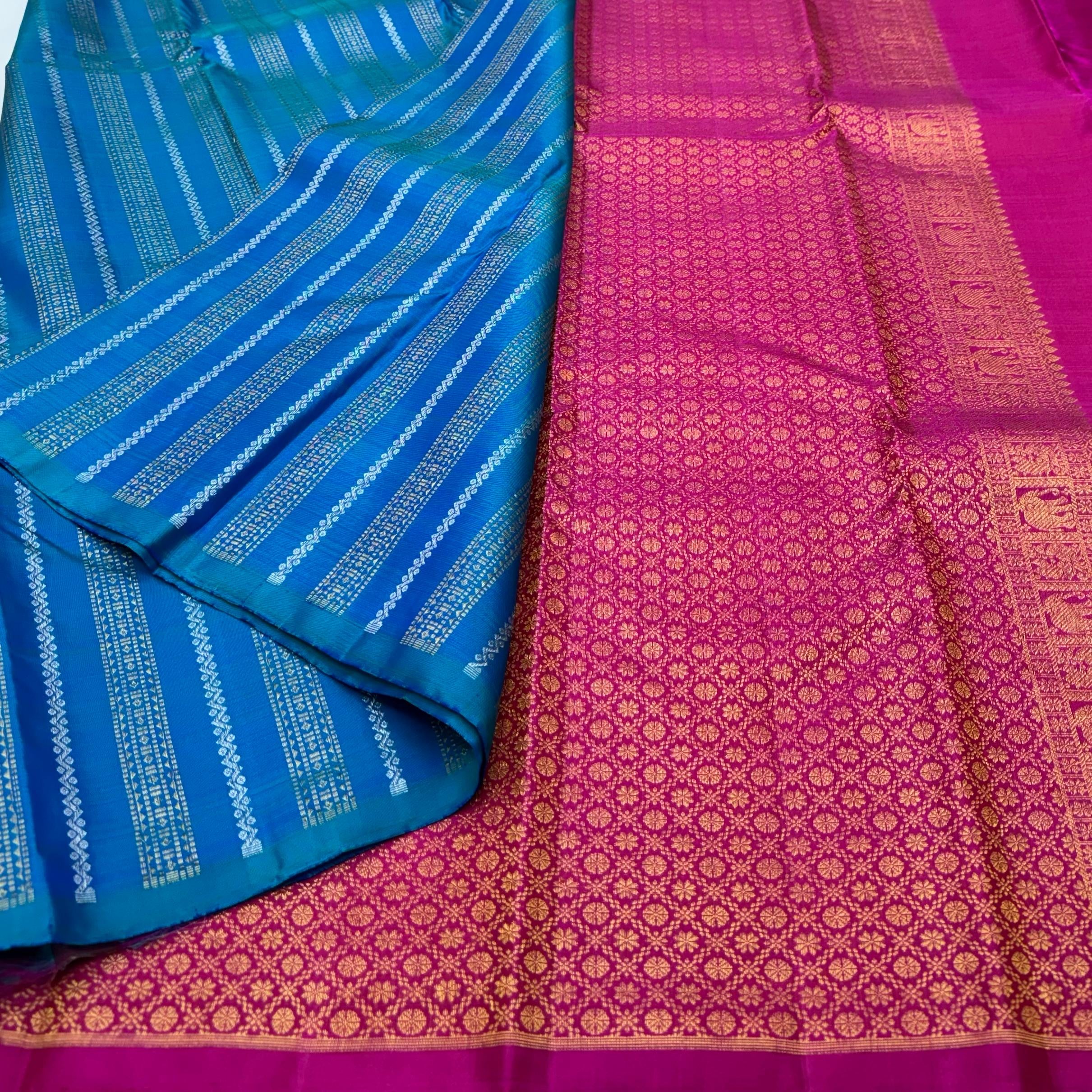 Classic Peacock Blue & Magenta 1gm Zari Elegance Kanchipuram Handloom Silk Saree SS24756