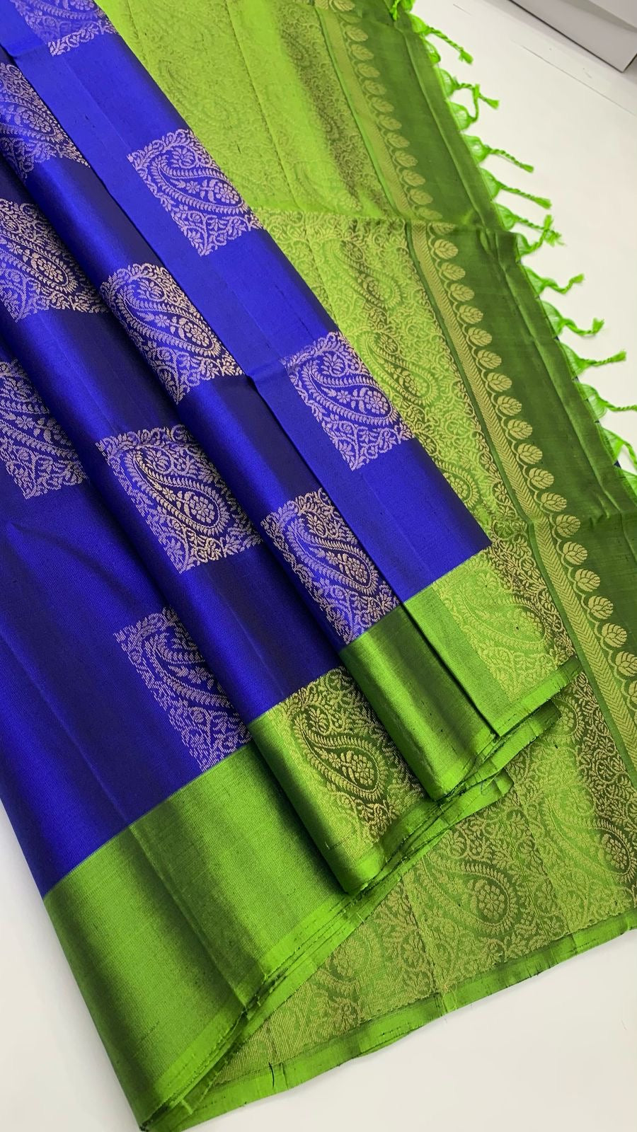 Classic Robin Blue & Olive Green Elegance Handloom Soft Silk Saree SS24429