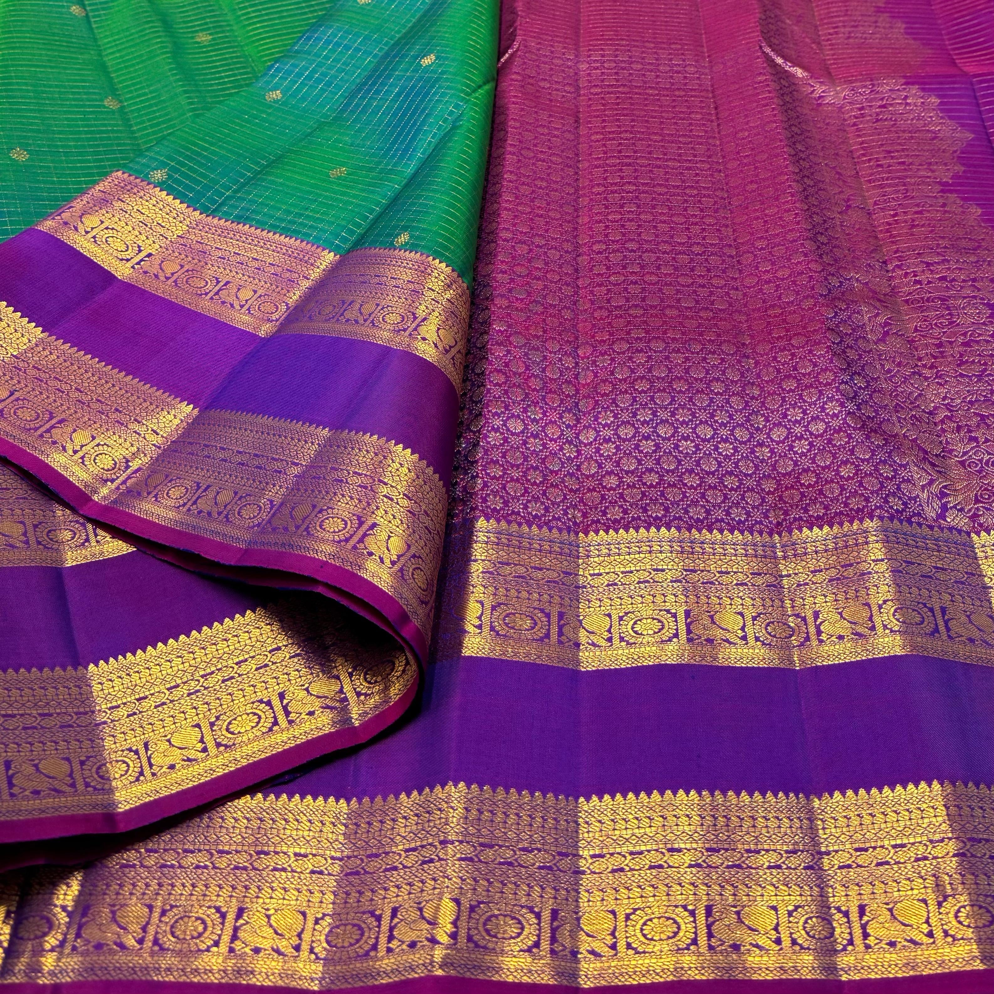 Classic Peacock Green & Wine Red 1gm Zari Elegance Kanchipuram Handloom Silk Saree SS24547