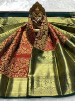 Load image into Gallery viewer, Classic Cherry Red &amp; Deep Green 2gm Zari Bridal Elegance Kanchipuram Handloom Silk Saree SS25359
