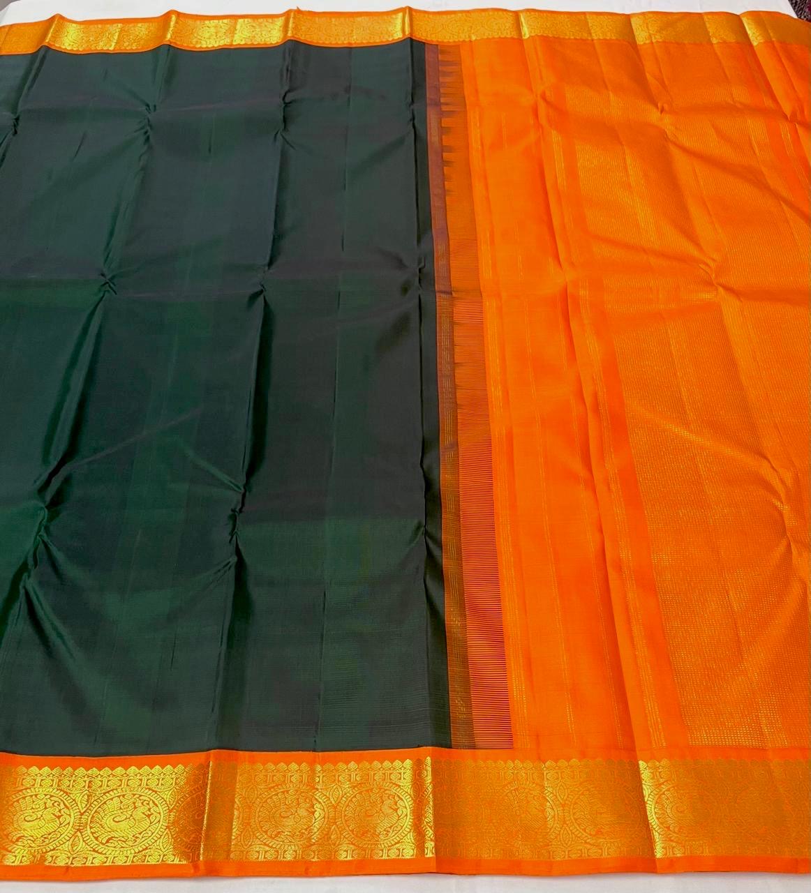 Classic Pine Green & Orange 2gm Zari Elegance Kanchipuram Handloom Silk Saree SS24706