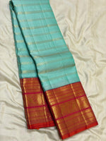 Load image into Gallery viewer, Classic Aqua &amp; Orange 2gm Zari Vaira Oosi Beldari Vintage Elegance Kanchipuram Handloom Silk Saree SS26990
