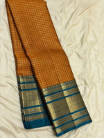 Load image into Gallery viewer, Classic Mustard Yellow &amp; Teal Blue Beldari Vintage Oosi Checks 2gm Zari Elegance Kanchipuram Handloom Silk Saree SS27204
