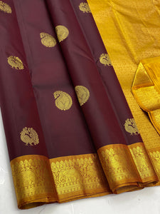 Classic Coffee Brown & Yellow 2gm Zari Elegance Kanchipuram Handloom Silk Saree SS23754