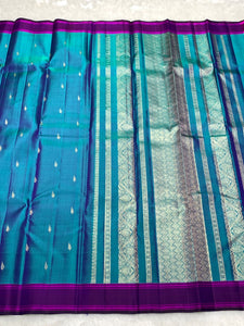 Classic Peacock Blue & Fuchsia Pink 2gm Zari Kanchipuram Handloom Silk Saree SS26502