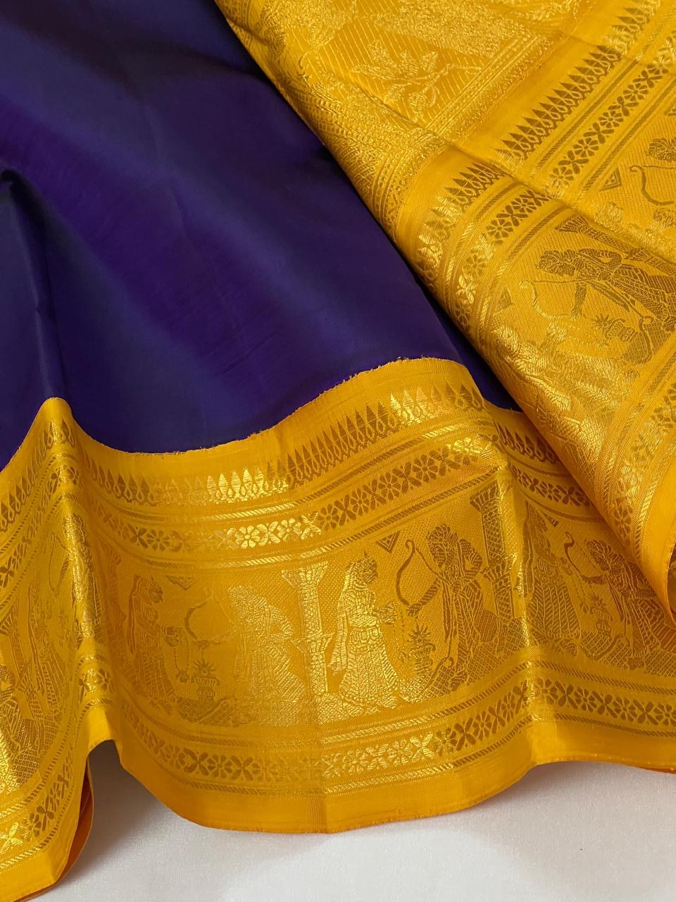 Classic Violet & Golden Yellow 2gm Zari Elegance Kanchipuram Handloom Silk Saree SS24708