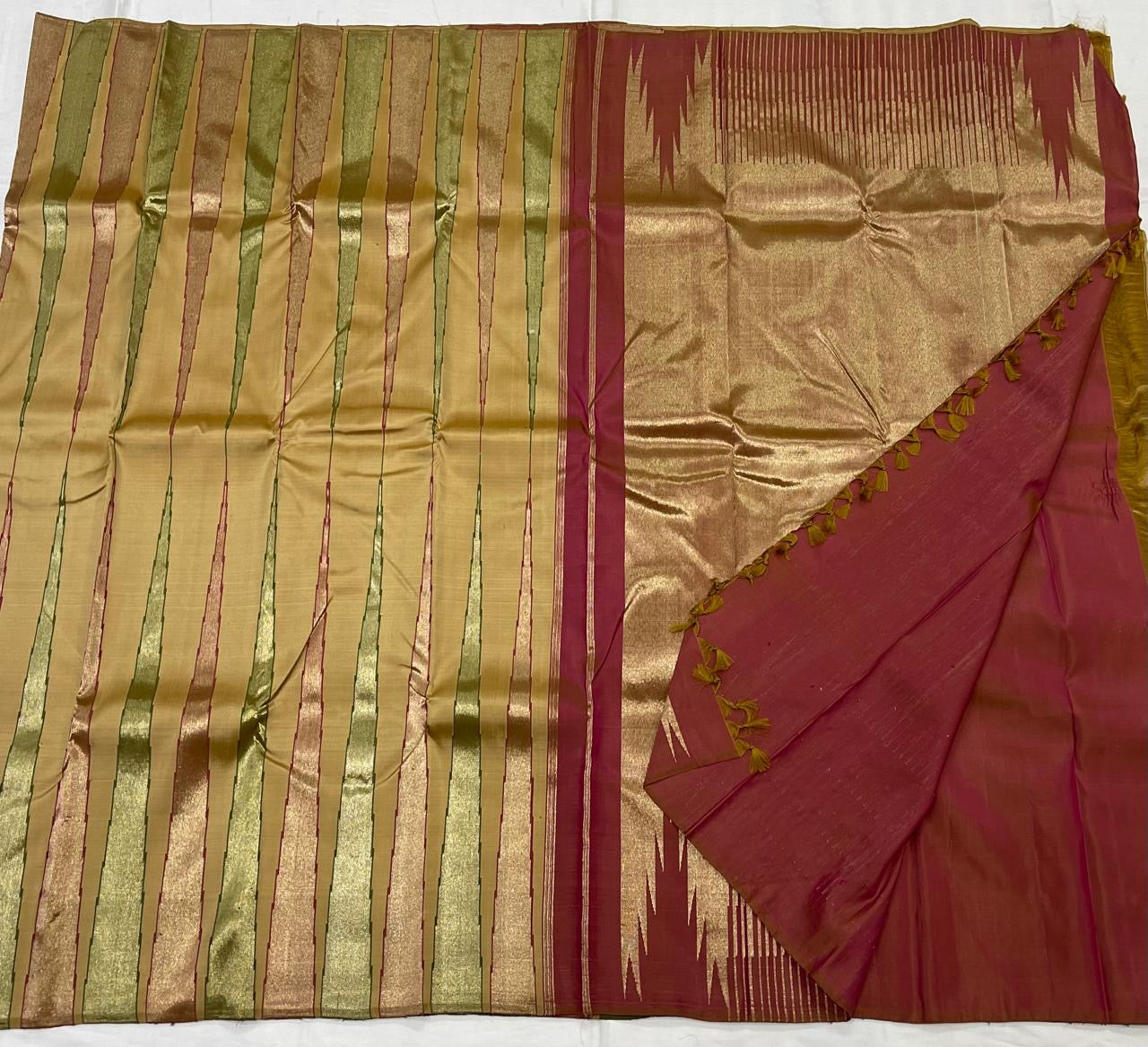 Classic Creamy Corn Mustard & Brick Red 2gm Zari Vaira Oosi Bridal Elegance Kanchipuram Handloom Silk Saree SS23632