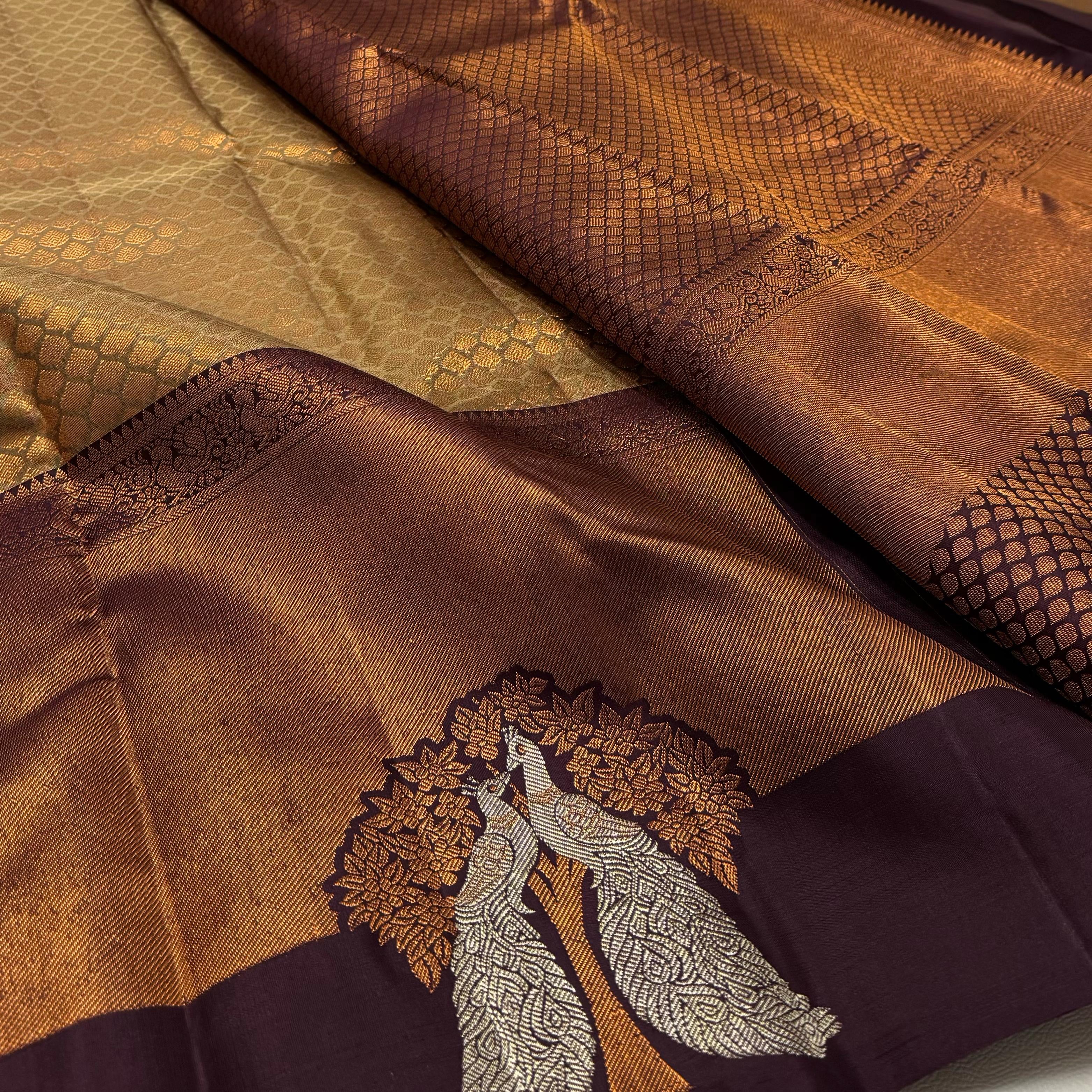 Classic Shimmer Beige & Coffee Brown 1gm Zari Elegance Kanchipuram Handloom Silk Saree SS24848