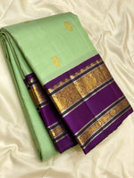 Load image into Gallery viewer, Pastel Green &amp; Aubergine 2gm Zari Elegance Kanchipuram Handloom Silk Saree SS25322
