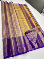 Load image into Gallery viewer, Classic Golden Beige &amp; Lavender 1gm Zari Kanchipuram Handloom Silk Saree SS25699
