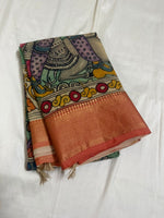 Load image into Gallery viewer, Classic Pen Kalamkari Floral Green Orange Elegance Banglore Silk Saree SS27823
