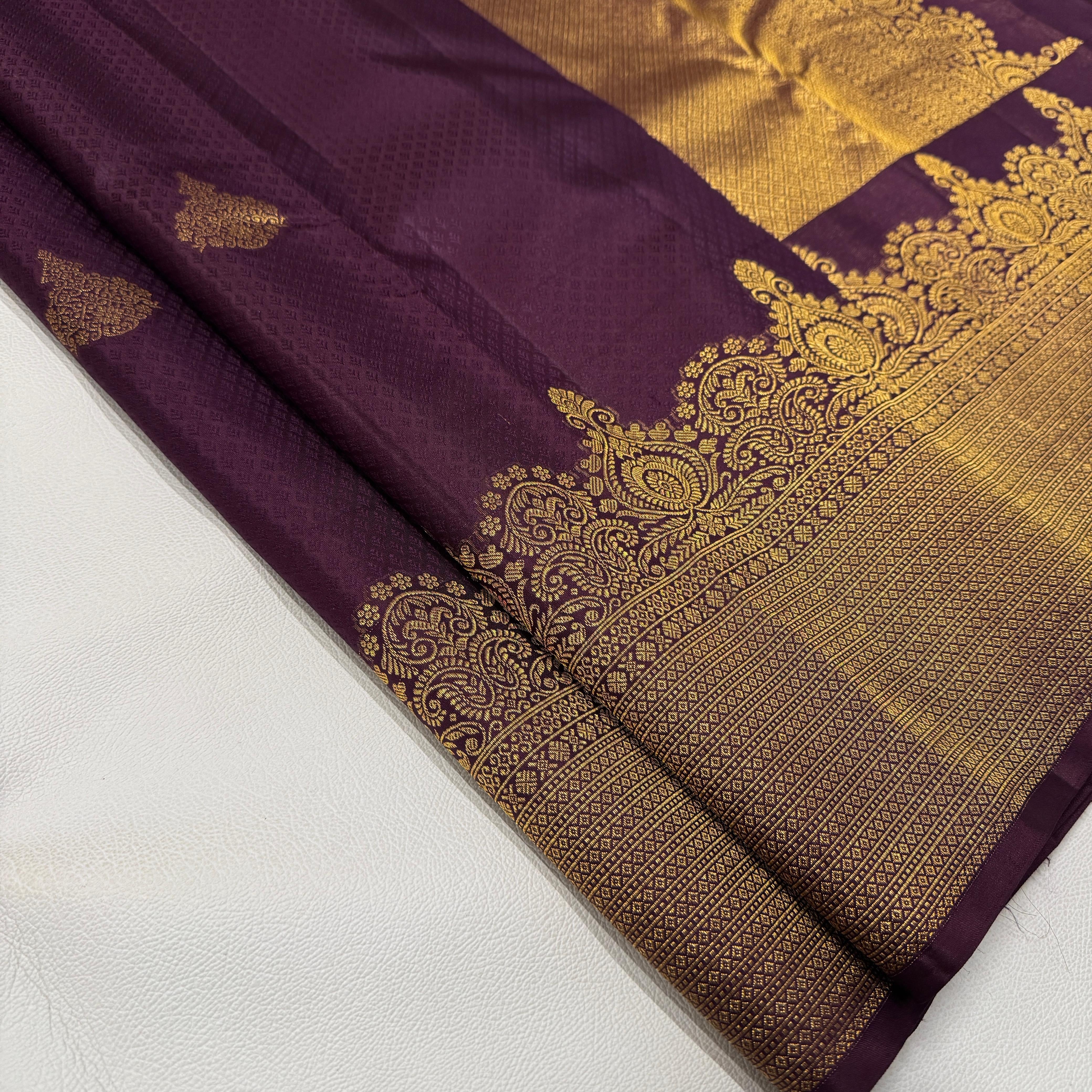 Classic Plum 2gm Zari Temple Bridal Elegance Kanchipuram Handloom Silk Saree SS26584