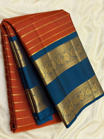 Load image into Gallery viewer, Classic Burnt Orange &amp; Azure Blue 2gm Zari Vaira Oosi Beldari Vintage Elegance Kanchipuram Handloom Silk Saree SS26987
