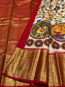 Classic Butter Cream & Chilly Red Kalamkari Digital Print Bridal Elegance Kanchipuram Handloom Silk Saree SS23910