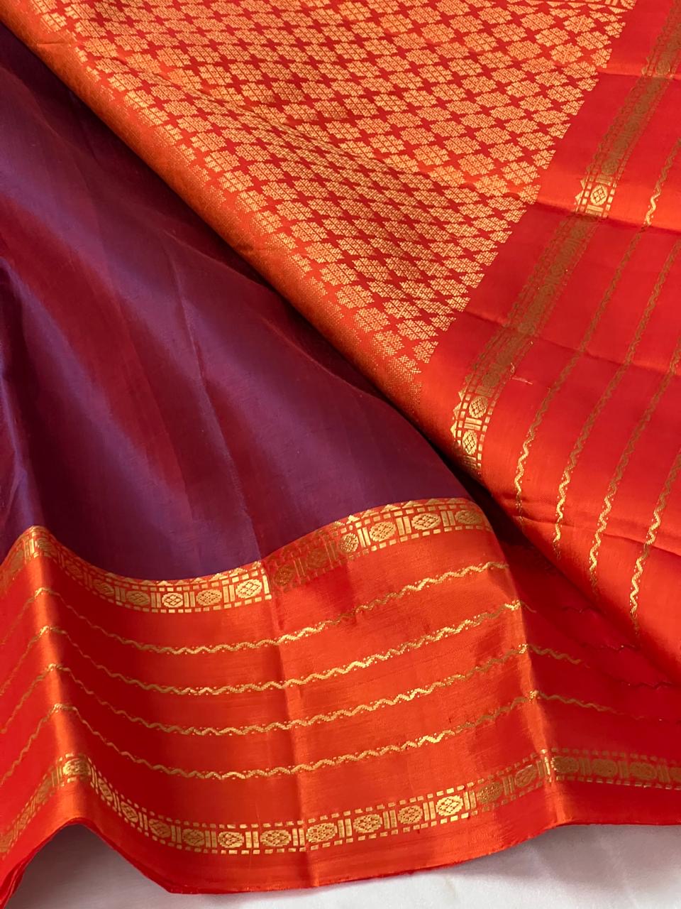 Dark Wine Red & Orange 2gm Zari Elegance Kanchipuram Handloom Silk Saree SS24116