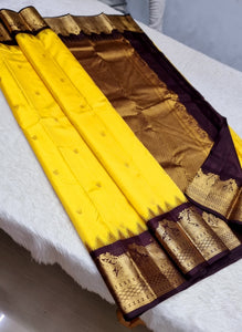 Classic Yellow & Dark Chocolate Brown 1gm Zari Kanchipuram Handloom Silk Saree SS25693