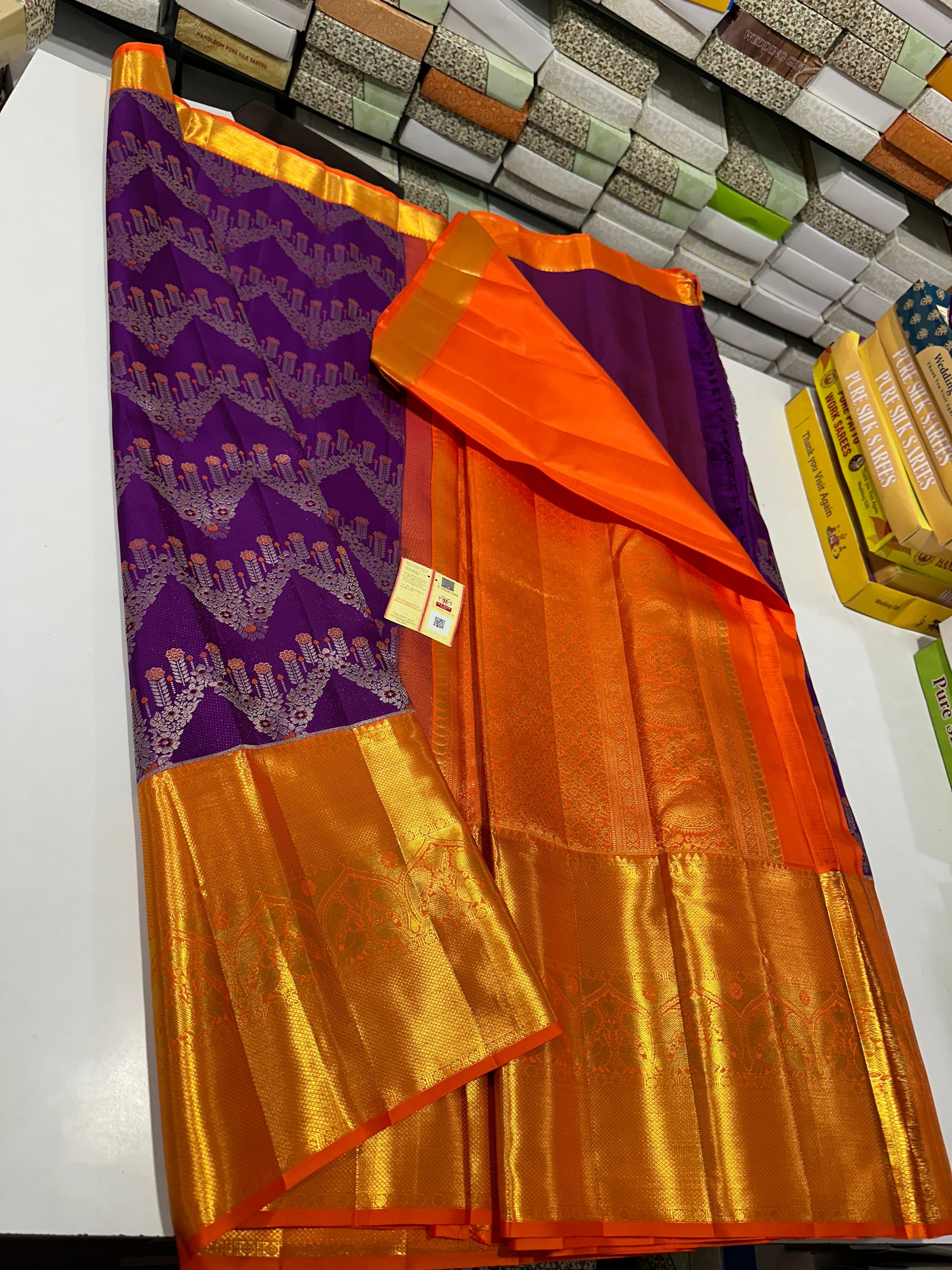 Classic Vadamalli Purple & Orange Elegance Kanchipuram Handloom Silk Saree SS24834