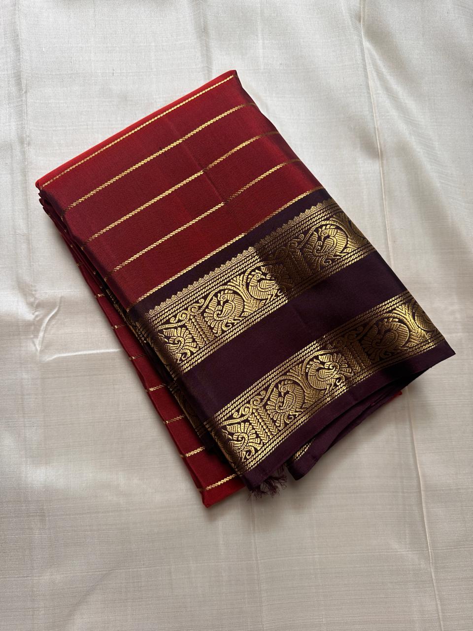 Classic Brick Orange & Dark Espresso Coffee Brown 2gm Zari Beldari Kanchipuram Handloom Silk Saree SS26422