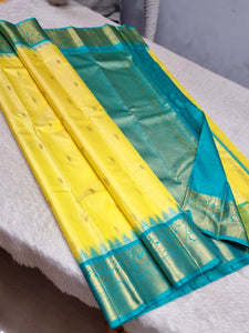 Classic Lemon Yellow & Teal Blue 1gm Zari Kanchipuram Handloom Silk Saree SS25687