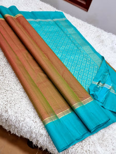 Classic Brownish Mustard & Sky Blue Kanchipuram Handloom Silk Saree SS25562