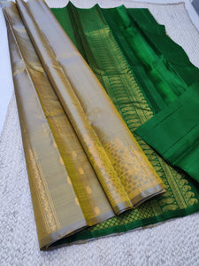 Classic Beige & Green 2gm Zari Elegance Kanchipuram Handloom Silk Saree SS25294