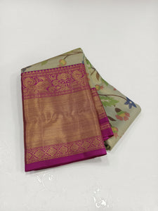 Pastel Green & Ruby Pink 2gm Zari Brocade Bridal Elegance Kanchipuram Handloom Silk Saree SS24727