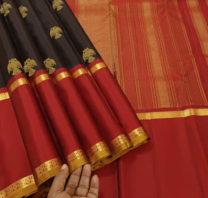 Classic Espresso & Red Elegance Kanchipuram Handloom Silk Saree SS24200