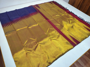Classic Gold & Steel Blue Rising Border Kanchipuram Handloom Silk Saree SS26022