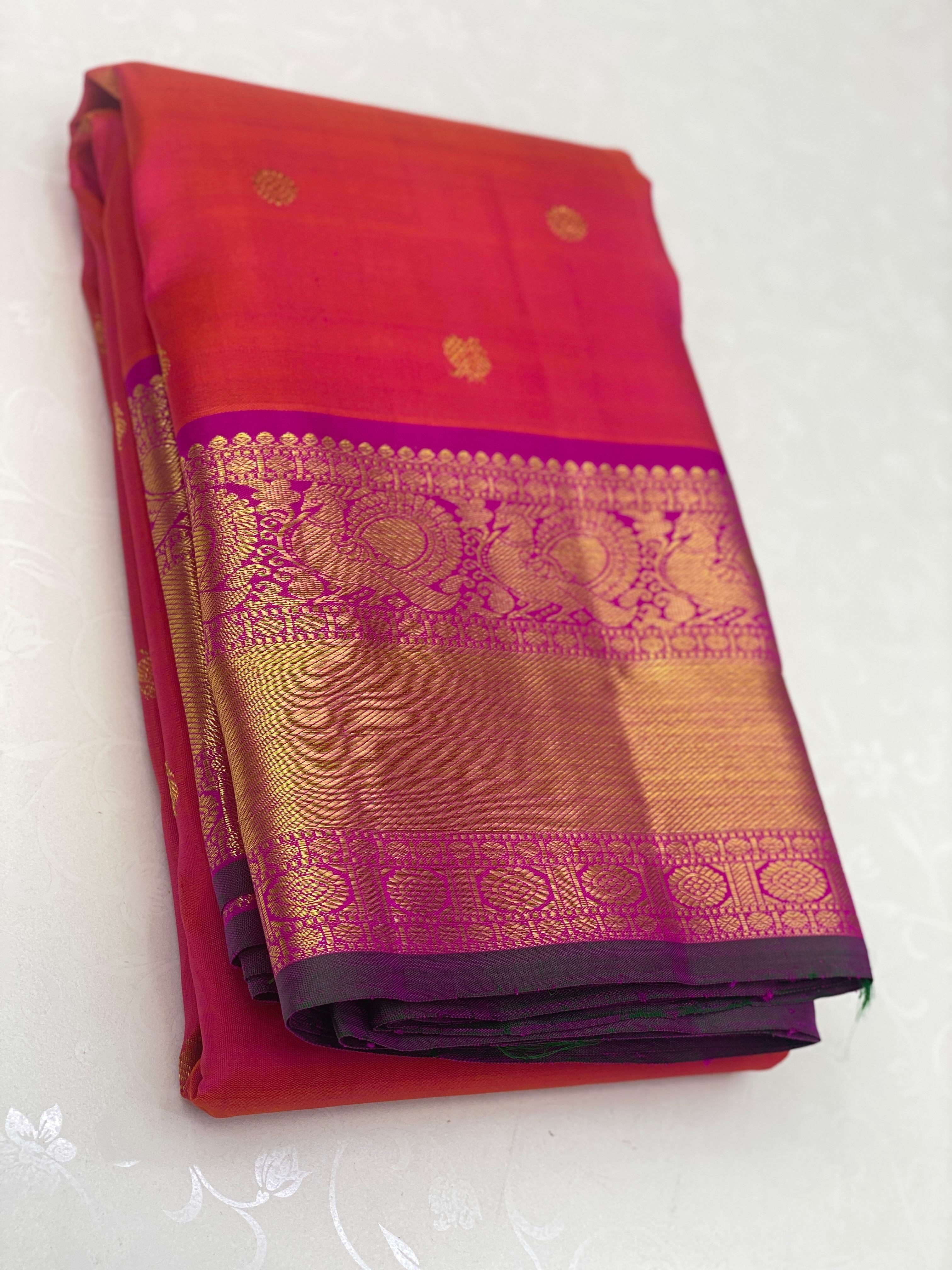 Classic Orange Pink & Vadamalli 2gm Zari Kanchipuram Handloom Silk Saree SS25971