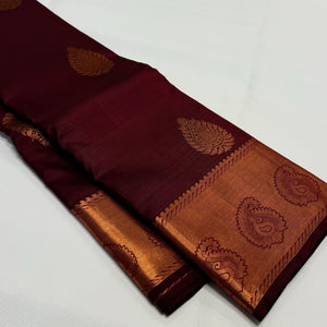 Classic Brown Red Rose Gold Zari Elegance Kanchipuram Handloom Silk Saree SS23586