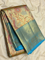 Load image into Gallery viewer, Classic Golden Beige &amp; Sky Blue 2gm Zari Tissue Brocade Bridal Elegance Kanchipuram Handloom Silk Saree SS27096
