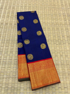 Classic Royal Blue & Chilly Red 2gm Zari Bridal Elegance Kanchipuram Handloom Silk Saree SS23604