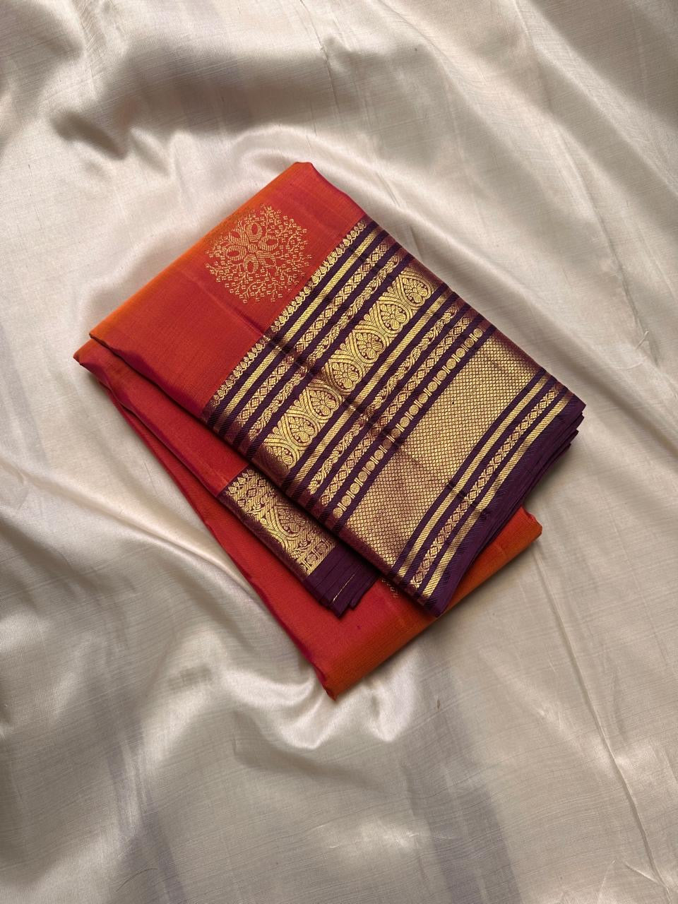 Classic Burnt Orange & Plum 2gm Zari Bridal Elegance Kanchipuram Handloom Silk Saree SS24765