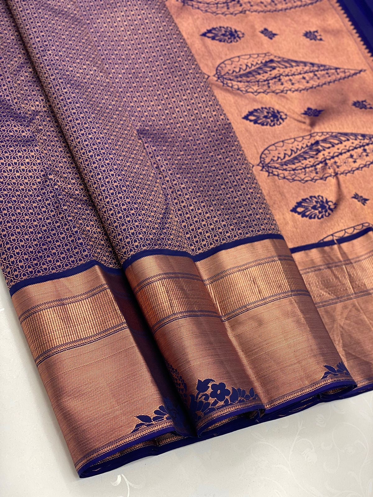 Navy Blue & Copper 1gm Zari Elegance Kanchipuram Handloom Silk Saree SS20660