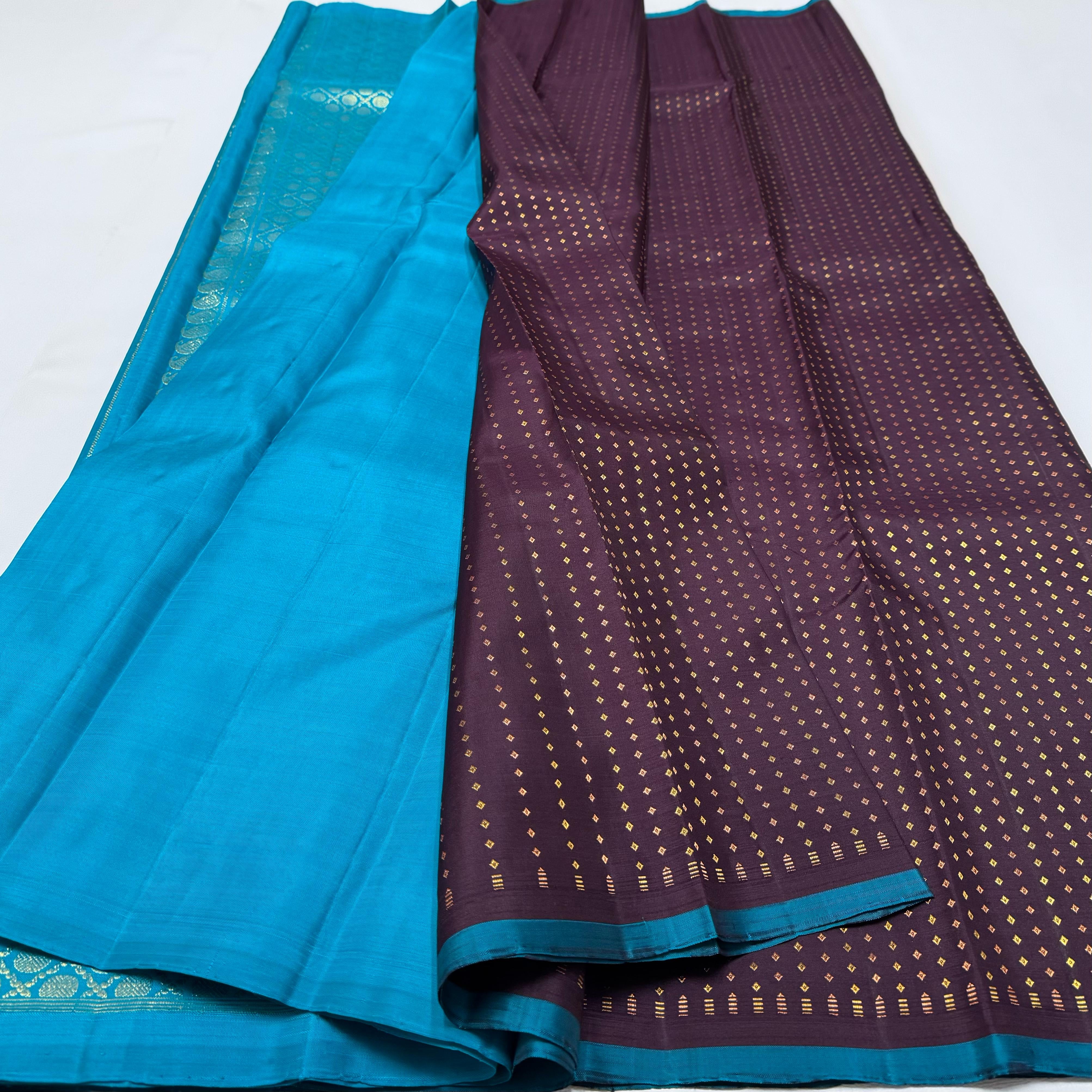 Classic Dark Plum & Sky Blue Elegance Kanchipuram Handloom Silk Saree SS24846