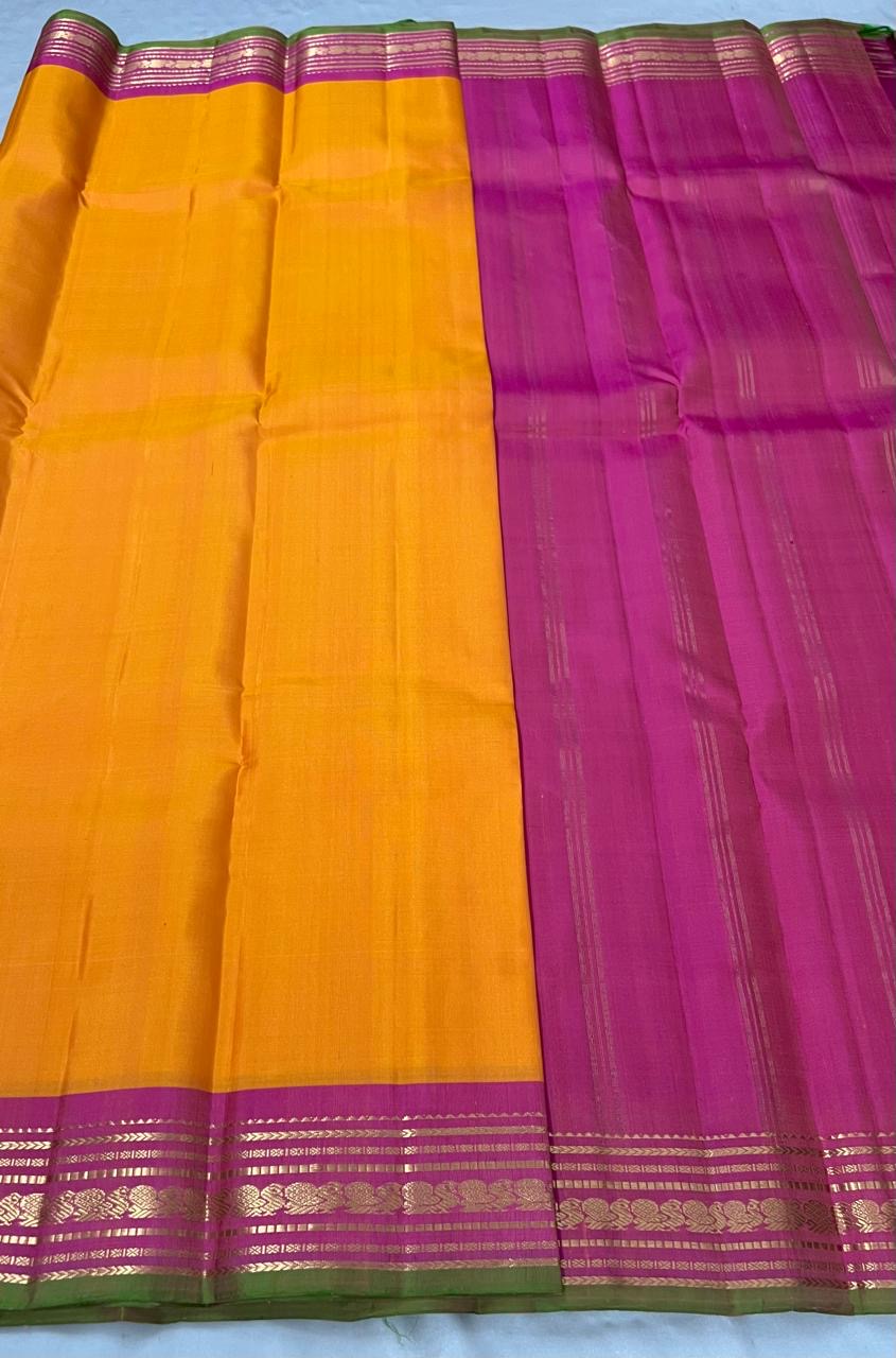 Classic Melon Orange & Dark Pink 2gm Zari Bridal Elegance Kanchipuram Handloom Silk Saree SS24770