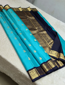 Classic Sky Blue & Navy Blue 2gm Zari Kanchipuram Handloom Silk Saree SS26378