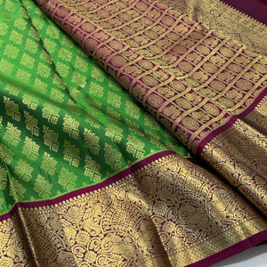 Classic Green & Wine Red 1gm Zari Bridal Elegance Kanchipuram Handloom Silk Saree SS21816