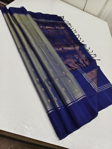 Classic Grey & Navy Blue Elegance Handloom Soft Silk Saree SS25605