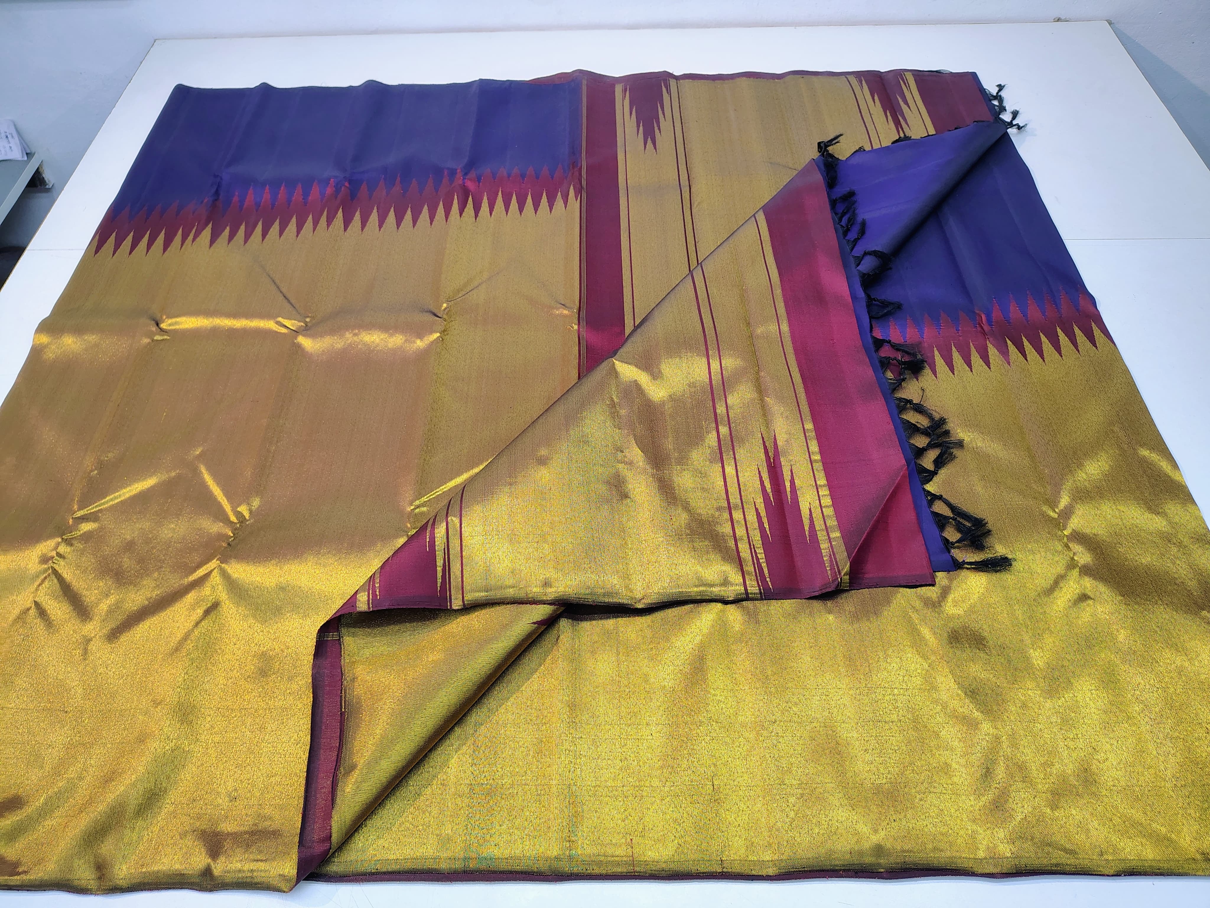 Classic Gold & Steel Blue Rising Border Kanchipuram Handloom Silk Saree SS26022
