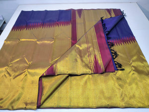 Classic Gold & Steel Blue Rising Border Kanchipuram Handloom Silk Saree SS26022