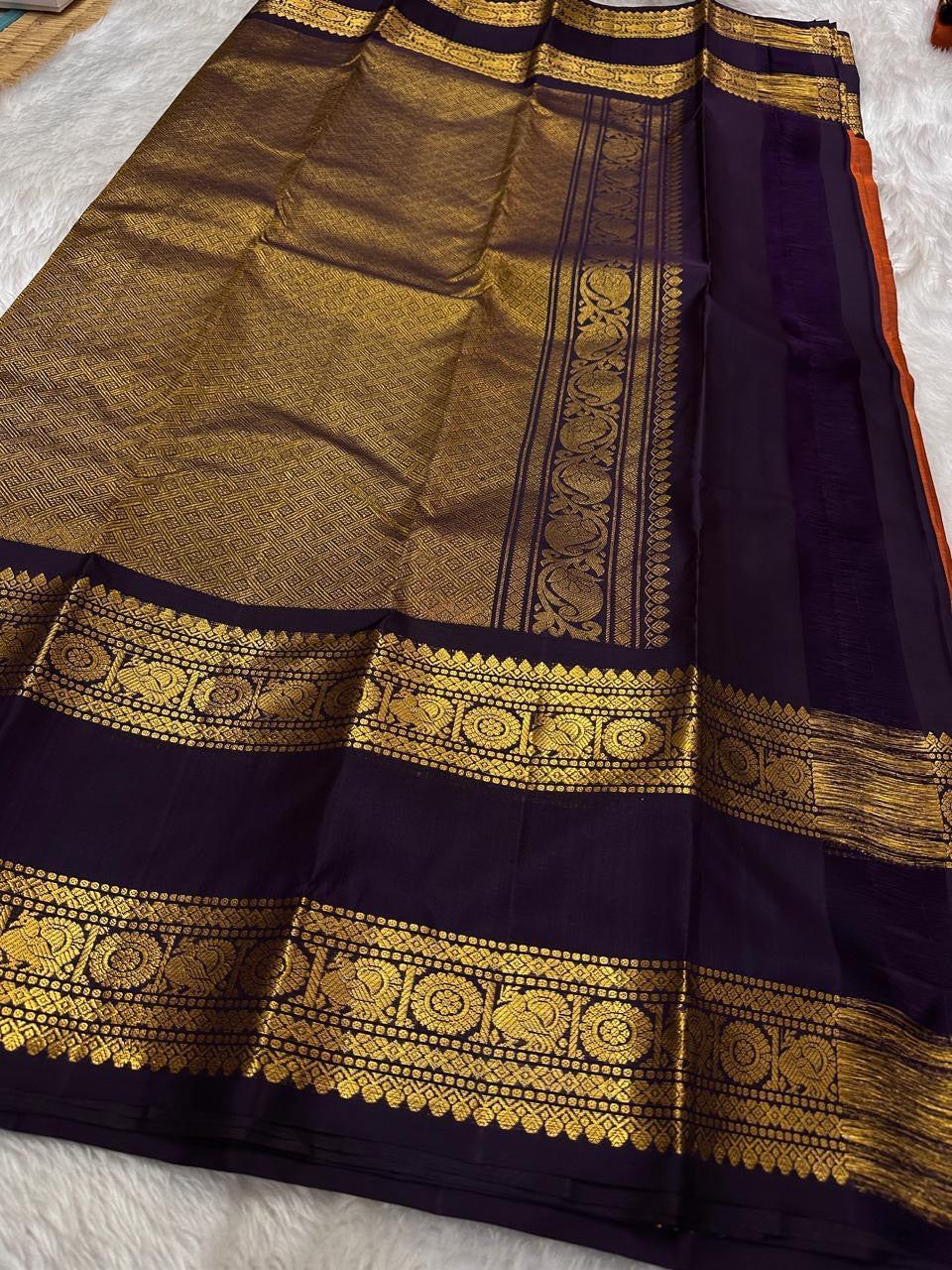 Classic Orange & Aubergine Elegance Kanchipuram Handloom Silk Saree SS24542